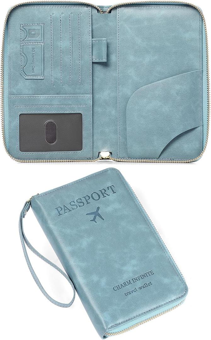 Leather RFID Blocking Passport Holder Travel Wallet, Passport Cover/Travel Wallet for Women/Men with (Light Blue)