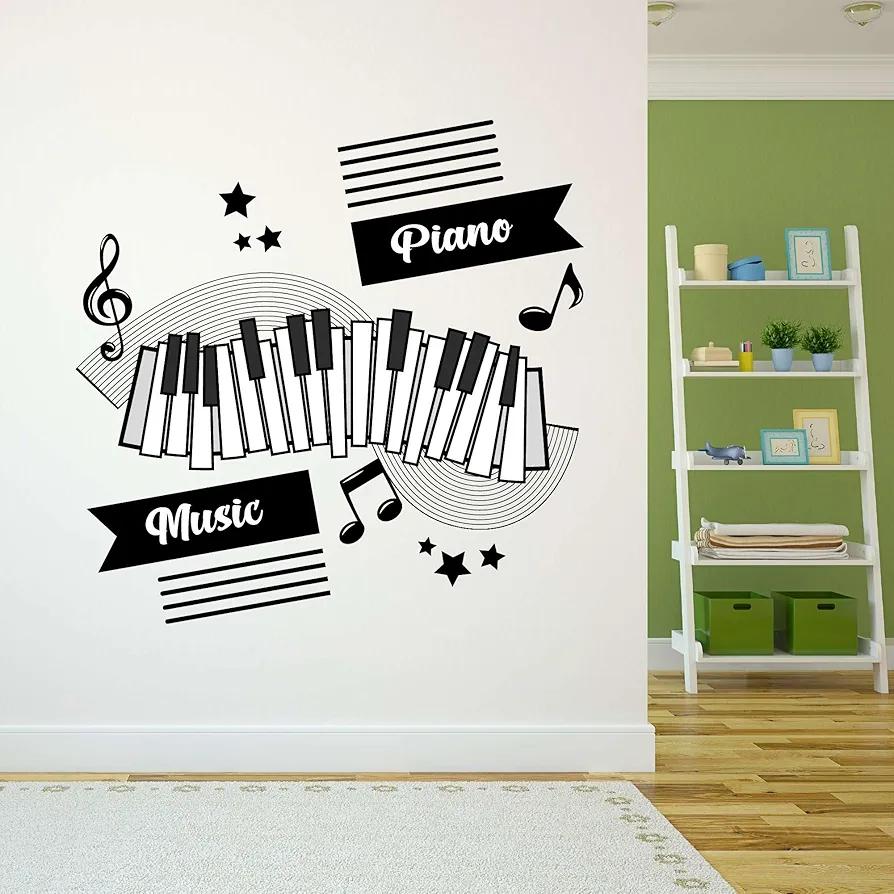 Design With Vinyl Music Wall Decal Vintage Piano Keys Silhouette with Musical Notes on White Background Removable - Size: 30 in x 30 in