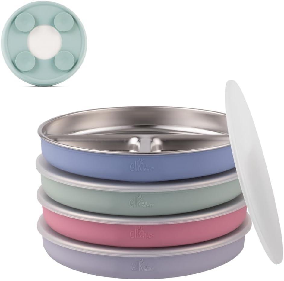 Elk and Friends Stainless Steel Divided Plates with Silicone Sleeve for Babies & Toddlers | Lids Included | Stay Put Suction | Dinner & Snack Plates | 4 Pack