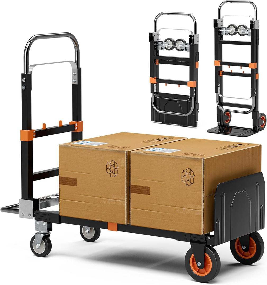 3-in-1 Convertible Aluminum Hand Truck 550lbs Capacity, 10" Rubber Wheels 3 Adjustable Positions for Warehouse, Home & Garden Moving, Heavy Duty Folding Dolly Cart (500LB)