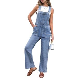 luvamia Jean Overalls for Women Straight Wide Leg Baggy Stretchy Denim Bib Adjustable Strap Casual Jumpsuit Loose Fit (Blue, L)