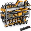 Power Tool Organizer Wall Mount with Charging Station, 4 Layer 8 Slots Cordless Drill Holder for Garage Storage, Utility Racks Max 420lbs Load With 6 Outlet Power Strip for Fathers Men Gift