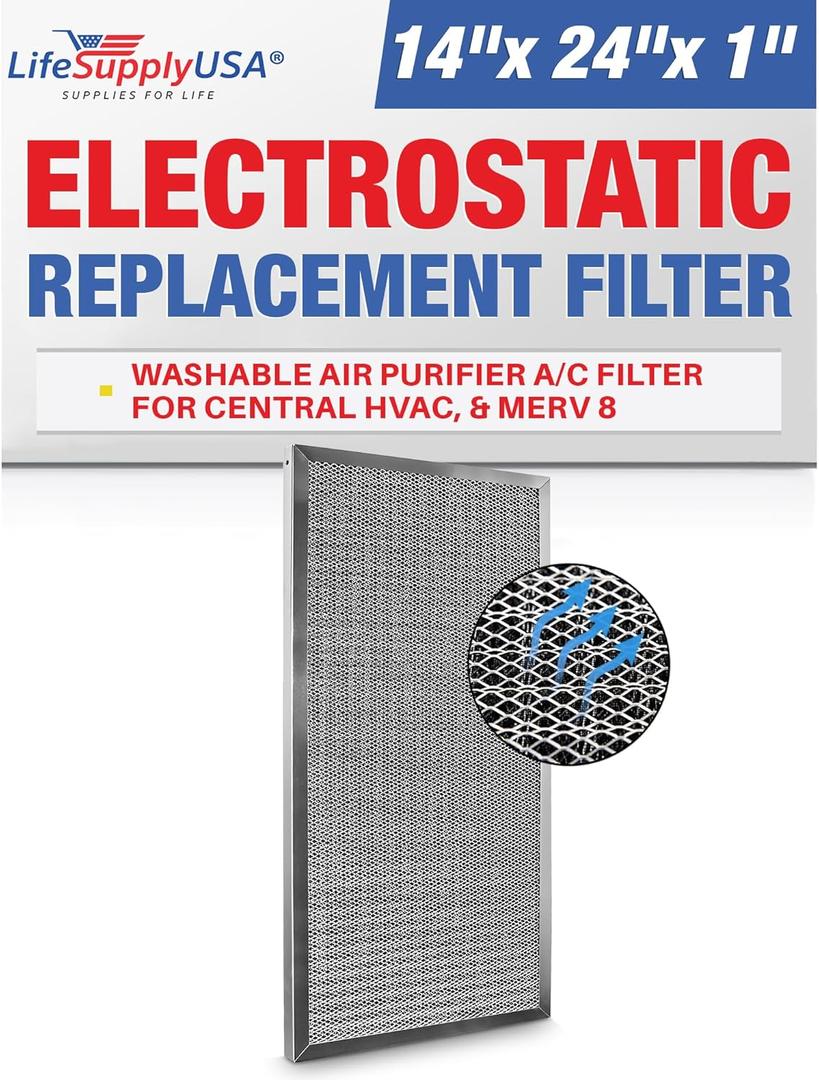 14x24x1 Electrostatic Air Filter, MERV 8, Washable, Reusable Furnace AC/HVAC Filter, Energy Saving, Easy to Clean, Long-Lasting by LifeSupplyUSA