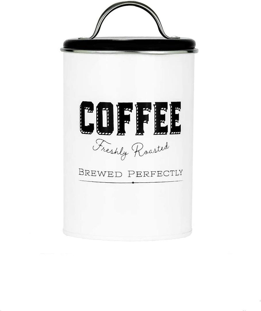 Amici Home Small Coffee Canister, 42 oz Metal Tin with Handle Lid - Rustic & Cottage Home Storage Jar with Typography Design for Beans or Grounds, Farmhouse Kitchen Decor - Great Coffee Bar Decor