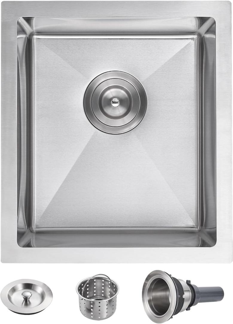 POPFLY 15x17 Inch Undermount Bar Prep Sink, 15 Undermount Rectangle Kitchen Sink, 304 Stainless Steel Single Bowl Small Kitchen Rv Sinks, Brushed
