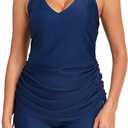 Halcurt Women's Two Piece Swimsuits Tankini Set with Shorts Pocket Tummy Control Adjustable Drawstring Bathing Suit, L