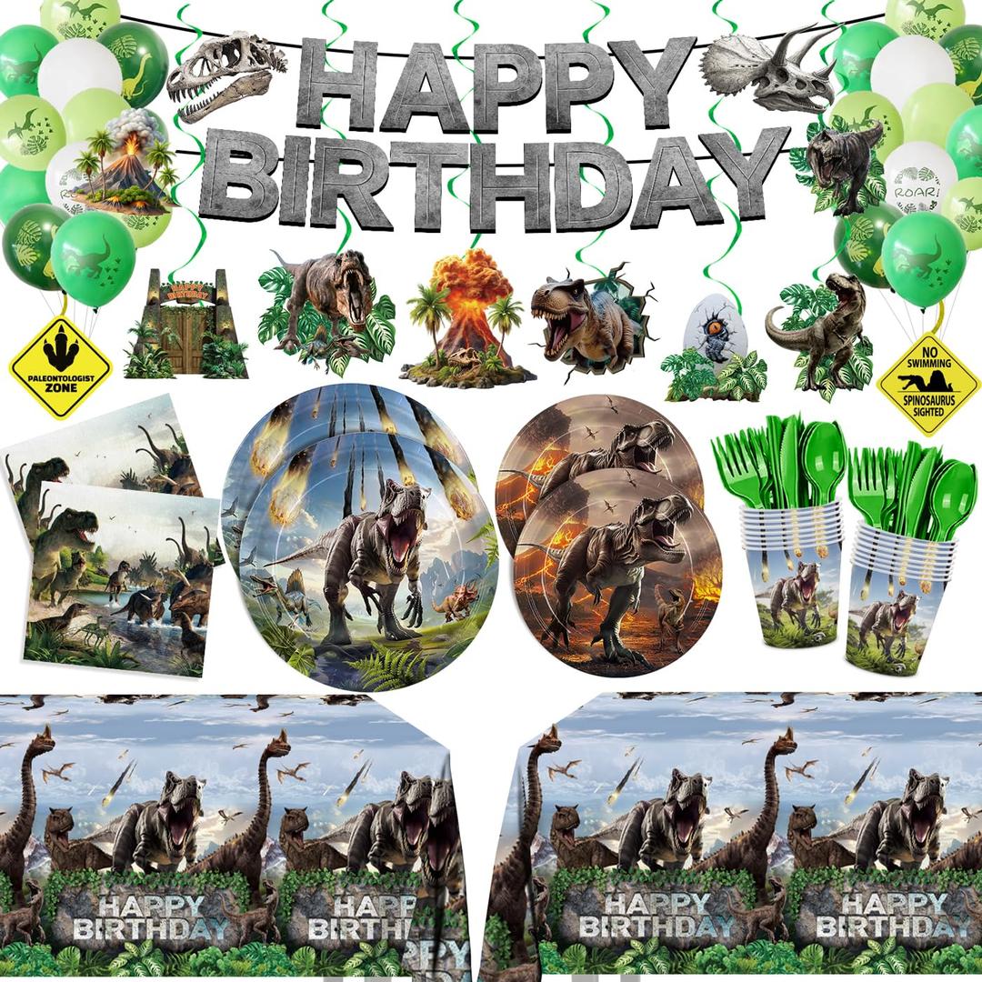 207pcs Dinosaur Party Decorations Plates Napkins Dino World Birthday Supplies Tableware Set Include Plates, Napkins, Cups, Cutlery, Balloon, Banner, Hanging Swirl, Tablecloth for Party Decor Serve 24