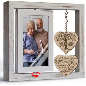 White 50th Anniversary Wedding Picture Frame Gifts for Couple Parents, Rotating Floating Happy 50th Anniversary Marriage Frame Decoration, Valentine Mother Day Frame Gifts for Husband Wife 4x6, 3.2 inches x 3.3 inches