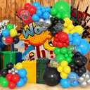 Amandir 153pcs Red Blue Yellow Green Black Balloon Arch Garland Kit, Different Sizes 18 12 10 5inch Metallic Silver Star Confetti Colorful Balloons for Birthday Carnival Video Themed Party Decorations