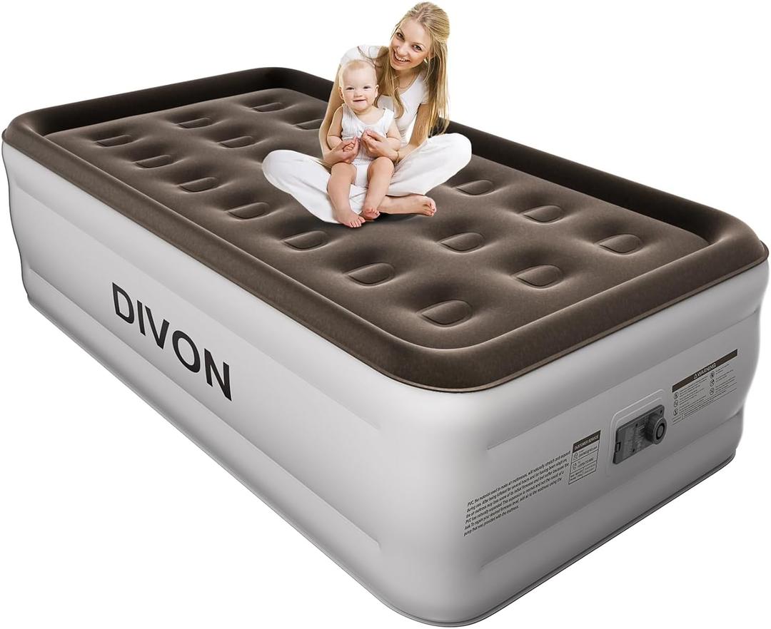 DIVON Twin Air Mattress with Built in Pump Raised, 2 Min Self Inflatable Mattress, 18 Blow up Mattress for Adults, 330 LBS Portable Air Bed for Guest, Camping, Travel & Floor, Brown