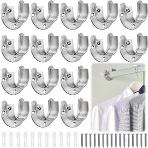 Coloch 16 Pack Stainless Steel Closet Pole Sockets, 1-1/4 Inch Closet Rod Support U-Shaped Curtain Rod Holders Flange Set Rods Holder with Screws