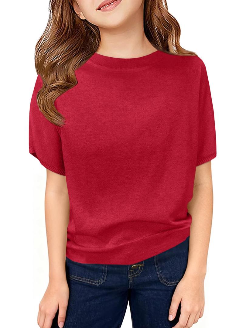 ZDC Girls' Lightweight Knit Top Short Sleeve Cute Spring Summer Sweater for School Holiday Uniform Red
