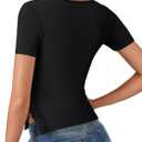 Rooscier Women's Sweetheart Neck Ruched Lace Slit Short Sleeve Sexy Going Out T Shirt Tops (Black)