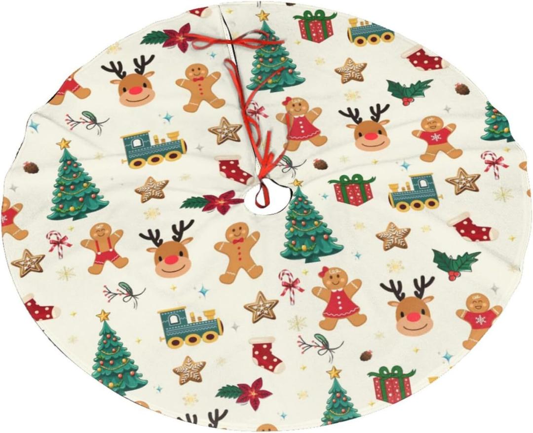 Xmas Trees Gingerbread Man Christmas Tree Skirt with Elk Christmas Tree Holly Xmas Holiday Tree Mat for Family Holiday Party Decor 30"