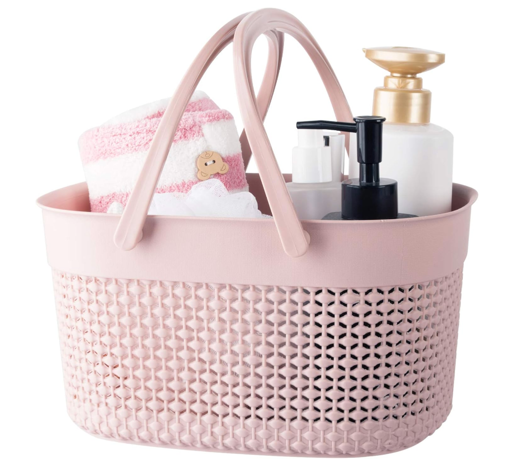 rejomiik Portable Shower Caddy Basket, Plastic Organizer Storage Tote with Handles Toiletry Bag Bin Box for Bathroom, College Dorm Room Essentials, Kitchen, Camp, Gym, Pink