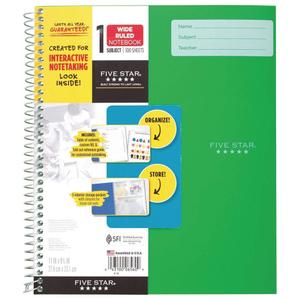 Five Star Spiral Notebook, INTERACTIVE NOTETAKING, 1 Subject, Wide Ruled Paper, 100 Sheets, 11" x 9-1/2" (Green Interactive W)