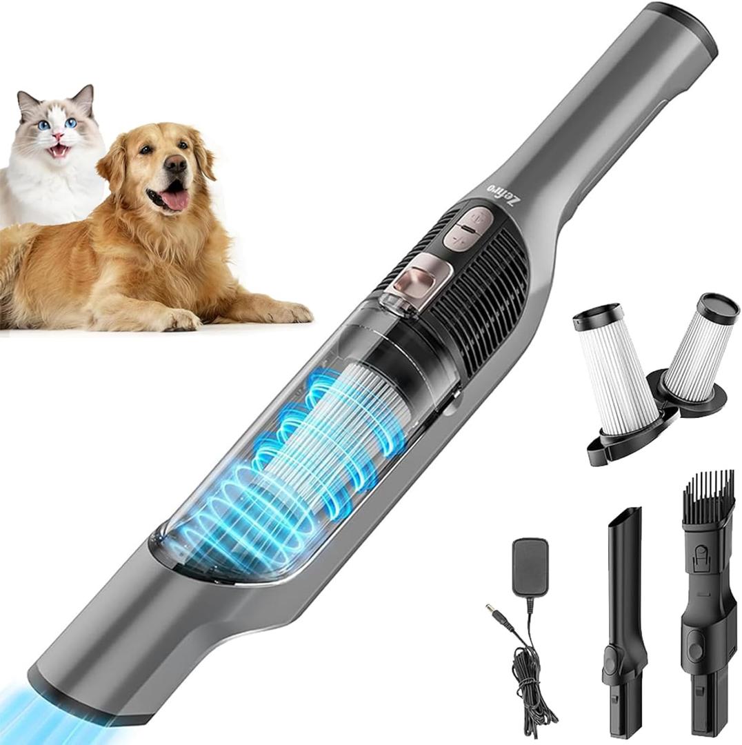 Zefiro Compact Powerful Cordless Handheld Vacuum, Rechargeable Portable Car Vacuum for Car & Pet Hair, Brushless Motor 25000PA High Suction, XL Dust Cup, 2 Brushes & Filters, Long Runtime with Charger (Slate)