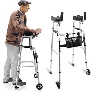 Stand Up Walker for Seniors & Elderly with 6" Bearing Wheels - Dual Mode Platform Walker, Height Adjustable Frame with Arm Support & Storage Bag, Foldable Lightweight Aluminum Upright Mobility Aid