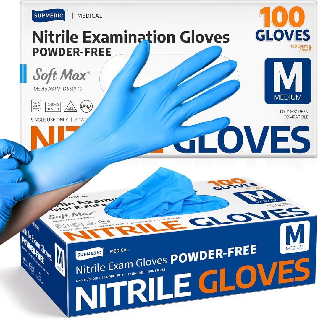 Supmedic Medical Soft Max Nitrile Exam Gloves, 100 Count Latex-Free Powder-Free Non-Sterile Food Safe Disposable Glove, Blue, M