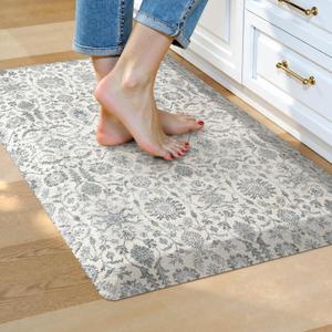 Collive Kitchen Mats Cushioned Anti Fatigue 17.3''x28'', Non Slip Waterproof Kitchens Sink Rug Vintage Boho Floral Rugs, Comfort Ergonomic Foam Standing Desk Mat for Floor, Home Office, Light Blue