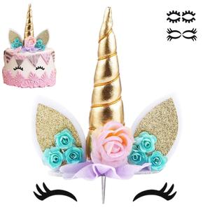 Unicorn Cake Topper Birthday Party Supplies Unicorn Birthday Decorations Gold Horn Cake Topper Accessory with Eyelashes Cute Handmade Reusable Cake Toppers for Girls Kids Women 5.8 Inch