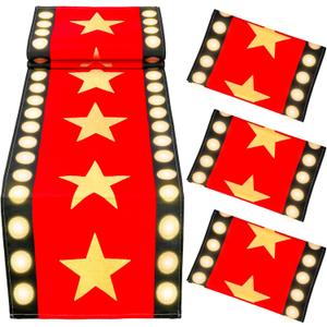 4 Pcs 13 x 72 Inch Movie Night Table Runner with Gold Star Design - Red Carpet Decoration for Birthday Party Supplies（Red）