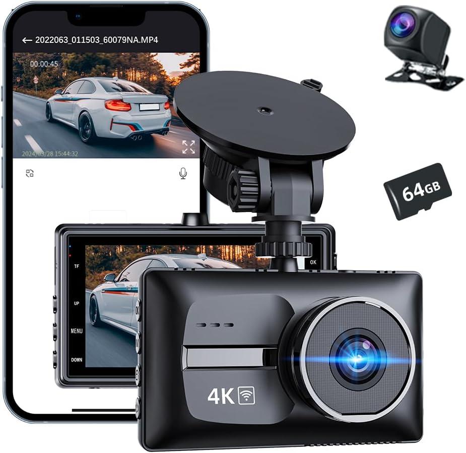 4K Car Cameras Dash Cam Front and Rear, 4K+1080P Dual Dash Camera for Cars with 64GB Card, 24H Parking Monitor,170Wide Angle Mini Car Camera, 3 IPS Screen, WDR Night Vision, G-Sensor, Parking Mode
