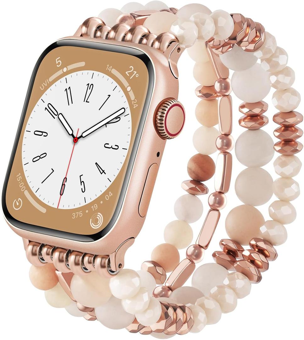VISOOM Beaded Boho Bracelet for Apple Watch Series 11 10 Se 9 8 7 6 5 4 3 2 1 Bands 42mm 41mm 40mm 38mm Women, Fashion Handmade Cute Crystal beads Stretchy Watch Strap for Iphone iWatch Bands-White/Khaki