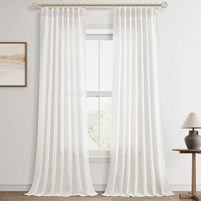 Beige White Pinch Pleated Linen Curtains 90 Inch Length 2 Panels for Living Room Bedroom Semi Sheer Window Curtain Boho Neutral Back Tab Pinch Pleat Drape with Hooks 40x90