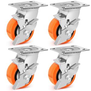 4 Inch Industrial Casters - Heavy Duty Caster Wheels Set of 4, Polyurethane Wheel Capacity up to 2500 lbs, Plate Swivel Caster Use for Workbenches, Platform Truck, Dollies Cart(4 Brake)
