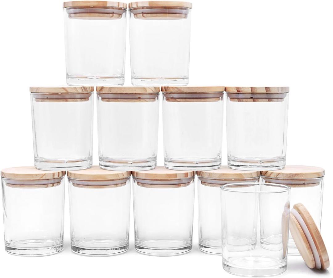 SHOWIN Thick Candle Jars for Making Candles 12 Pcs, 7 OZ Empty Jars with Wood Lids for Candle Making, Sample Container, Clear