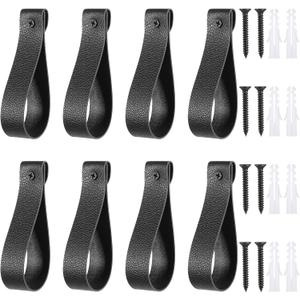 8 PCS Black Curtain Rod Brackets Leather Straps for Hanging Wall Pole, Curtain Rod Holders with Screws Decorative Wall Hooks Loop for Hanging Sign