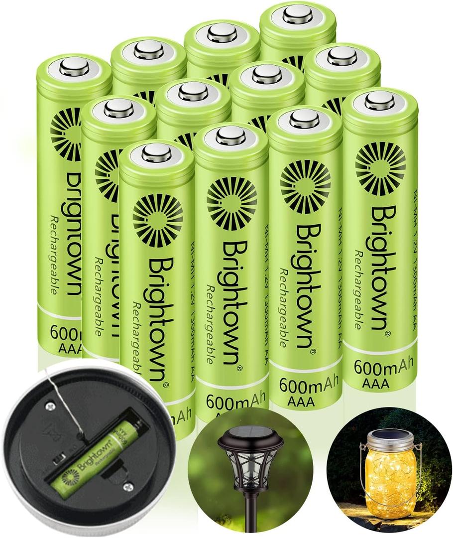 Brightown 12-Pack Rechargeable AAA Batteries, 600mAh NiMH Precharged Triple A Solar Batteries for Solar Lights and Household Devices, Low-self Discharge, Up to 1200 Cycle Times, UL Certified, 1.2V