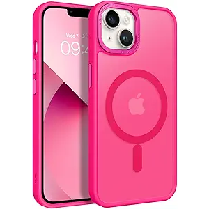 Magnetic for iPhone 13 Case & iPhone 14 Case [Compatible with Magsafe] Translucent Matte Phone Case iPhone 13/14 Slim Thin Shockproof Women Men Protective Cover Cases, Hot Pink