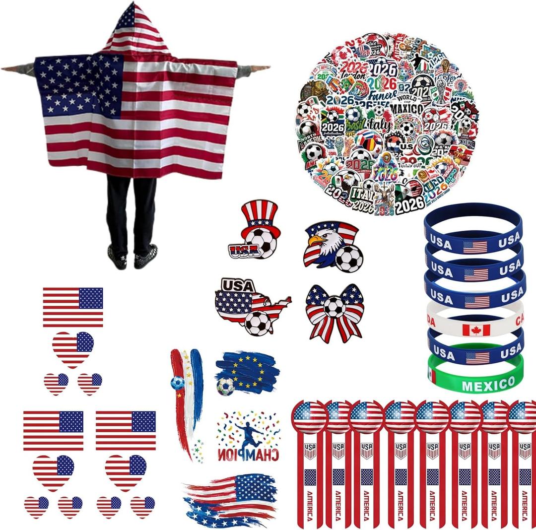 2 x 2026 World Cup Fan Accessories Kit 79PCS, Soccer Support Gear Set for Enthusiasts, Flag, Glasses，Wristband，Facial mask，Breastpin& Decals, for Watch Party & Stadium Events (75Pcs)