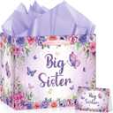 Big Sister Gift Bag for Girls, Butterfly Big Sister Gift Bag with Tissue Paper and Greeting Card Purple Flower Butterfly Wrapping Paper Bags New Sister Party Decor for Little Girl Birthday Party Supplies