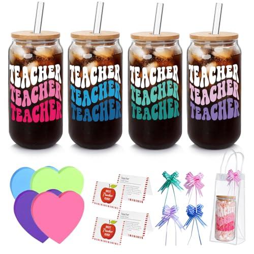 Teacher Appreciation Gifts- 3 Pack End of Year Teacher Gifts for Women Men, 18oz Teachers Glass Cup with Bamboo Lid and Straw Glass Coffee Cups Unique Thank You Teachers Tumbler Mug Gift from Students