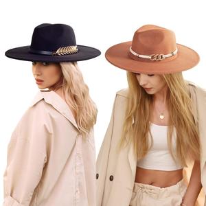 2 Pack Wide Brim Stylish Felt Panama Hats for Women & Men - Classic Fedora Hats With Belt Buckle