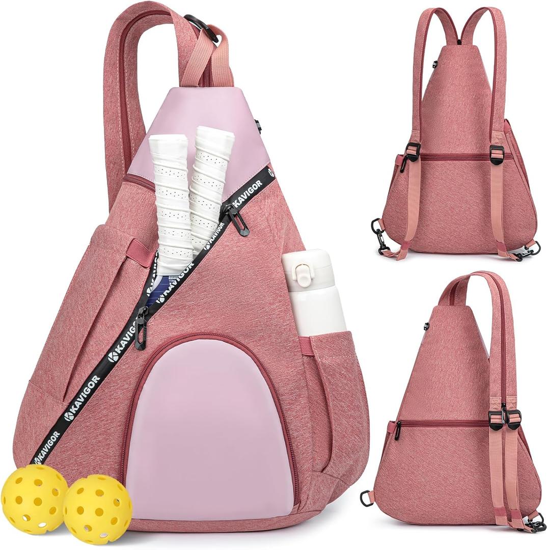 Pickleball Bag, 7 Pockets & Upgraded Zippers, Lightweight Sling Bag with Detachable Strap & Water-Resistant Pocket (Rose Pink)