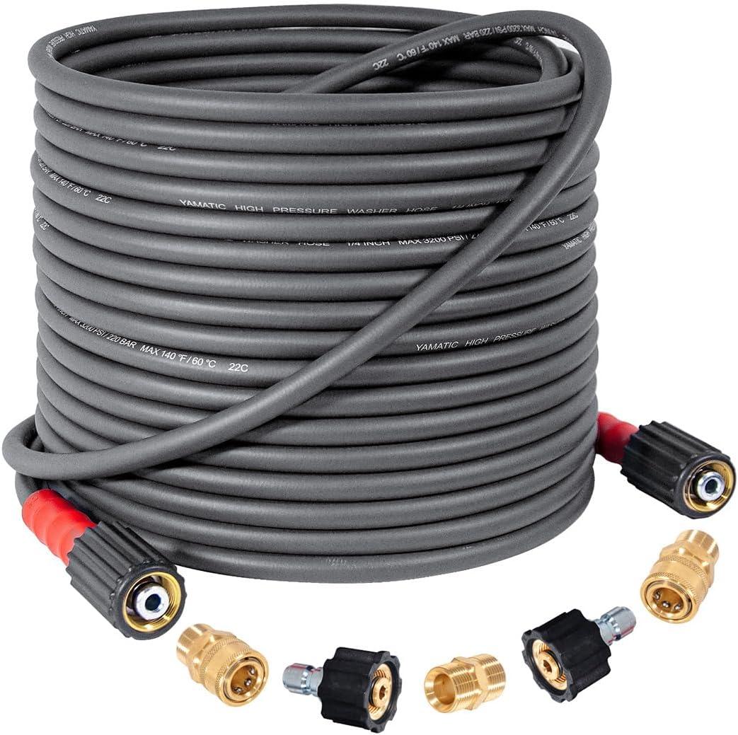 YAMATIC Super Flexible Pressure Washer Hose 50FT X 1/4", Kink Resistant 3200 PSI Heavy Duty Power Washer Extension Replacement Hose With M22-14mm x 3/8" Quick Connect Kit For Gas & Electric, Grey