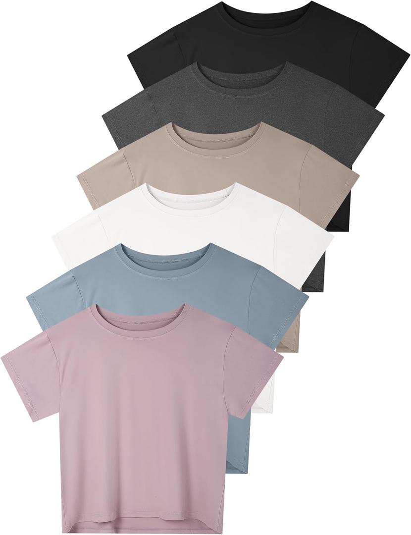 Dalavch 6 Pack Women's Crop Top Short Sleeve Athletic Workout Yoga Running Gym Casual Tees T-Shirts Loose Fit (1 Black 1 White 1 Heather Grey 1 Pink 1 Khaki 1 Blue, Small)