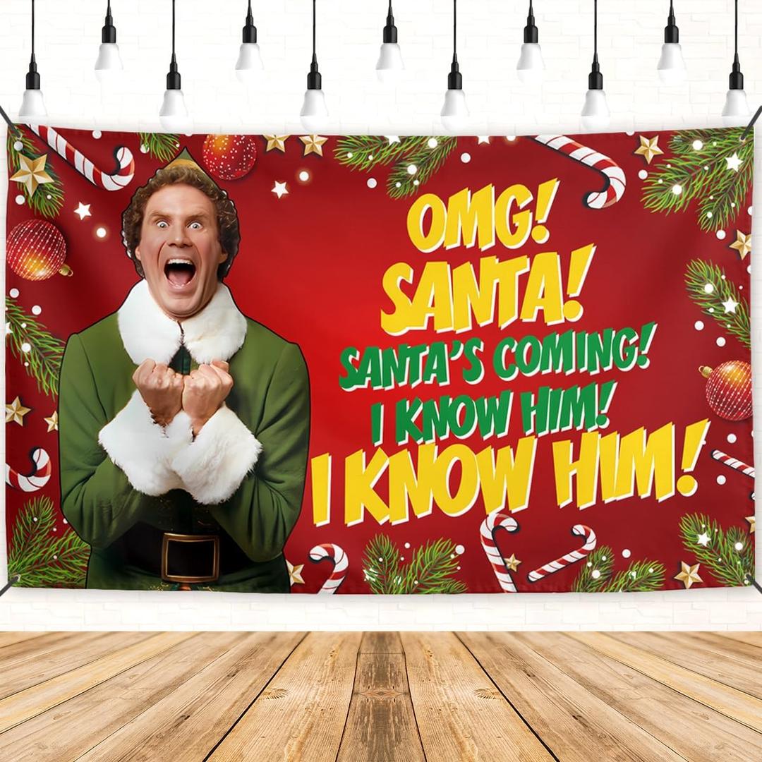 Elf Christmas Banner Xmas Elf Movie Backdrop Sign Funny Winter Xmas Decor Merry Christmas Decorations for Home