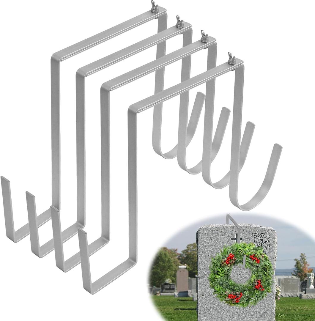 4PCS Christmas Headstone Wreath Hanger Adjustable 6"-11" Double Sided Cemetery Gravestone Wreath Holder Stainless Steel Tombstone Decoration Tools Outdoor No Drill Light Hooks for Christmas Easter