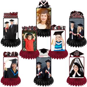 8 Pcs Graduation Party Decorations Class of 2026 Graduation Honeycomb Centerpieces Table Decor Grad Photo Display Congrats Grad Table Toppers for Party Favor(Black Crimson)