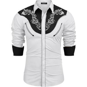 COOFANDY Men's Western Cowboy Shirt Long Sleeve Slim Fit Rose Embroidered Cotton Casual Button Down Shirts (White)