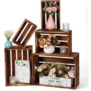 Soaoo 5 Pcs Decorative Nesting Wooden Crates for Storage Display 5 Size Large Small Rustic Wood Decorative Storage Crates with Handle Farmhouse Crate Box Container Made from Pine(Vintage Brown)