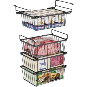 iSPECLE Freezer Organizer Bins - 17.5" Length Fit 5 Cu.FT Chest Freezer, 1 Expandable Hanging Bin & 3 Pack Stackable Deep Freezer Organizer, Sort and Get Frozen Food Easily with Handle, 4 Pack Black