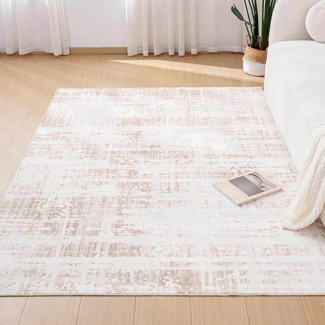 Area Rugs Machine Washable for Living Room Bedroom, Soft Print Pattern Indoor Rug with Non-Slip Backing & Durable Edge, Vintage Distressed Mat, Light Brown 6'x9'