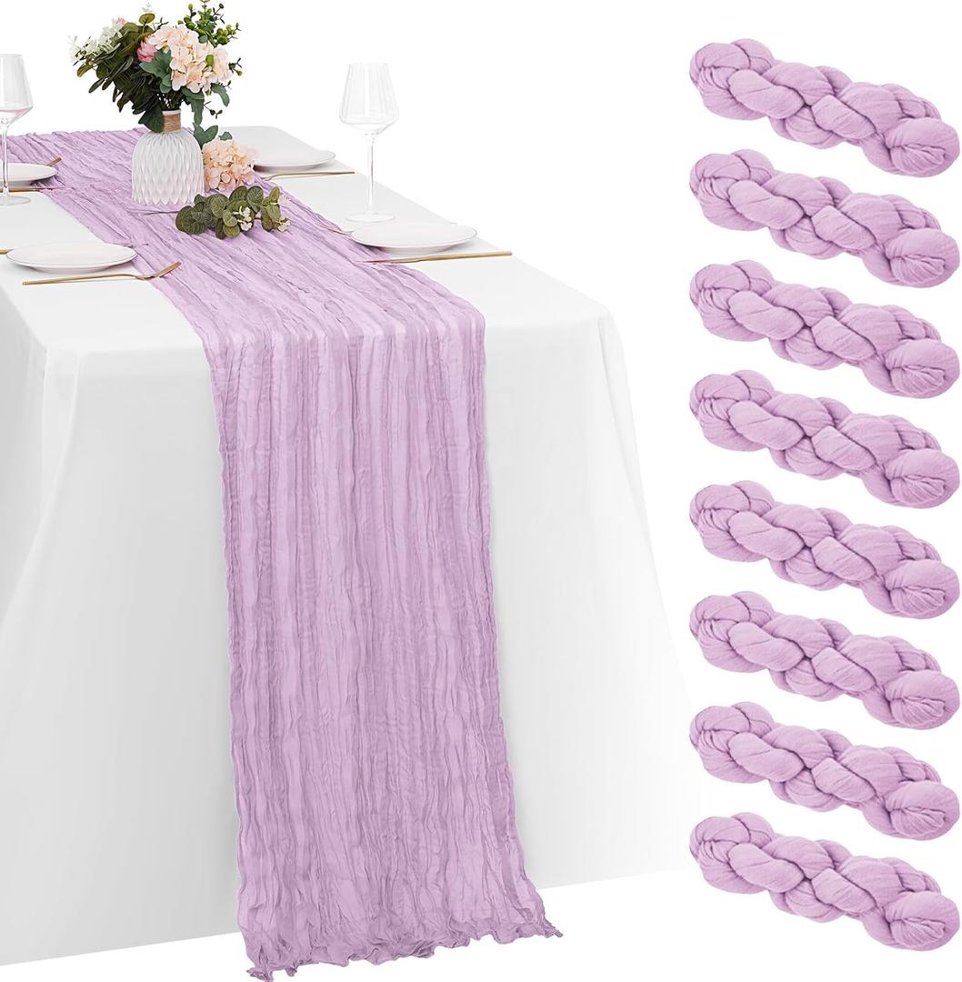 8 Pack Lavender Cheesecloth Table Runners 20x120 Inch Gauze Table Runner Cheese Cloth 10FT Lavender Table Runner Rustic Sheer Runner for Wedding Baby Shower Birthday Party Table Decor