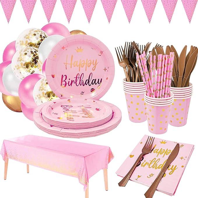 Pastel Pink Birthday Party Supplies Set - Plates, Cups, Napkins, Balloms and Happy Birthday Banner, for 16 Persons, Pattern May Vary